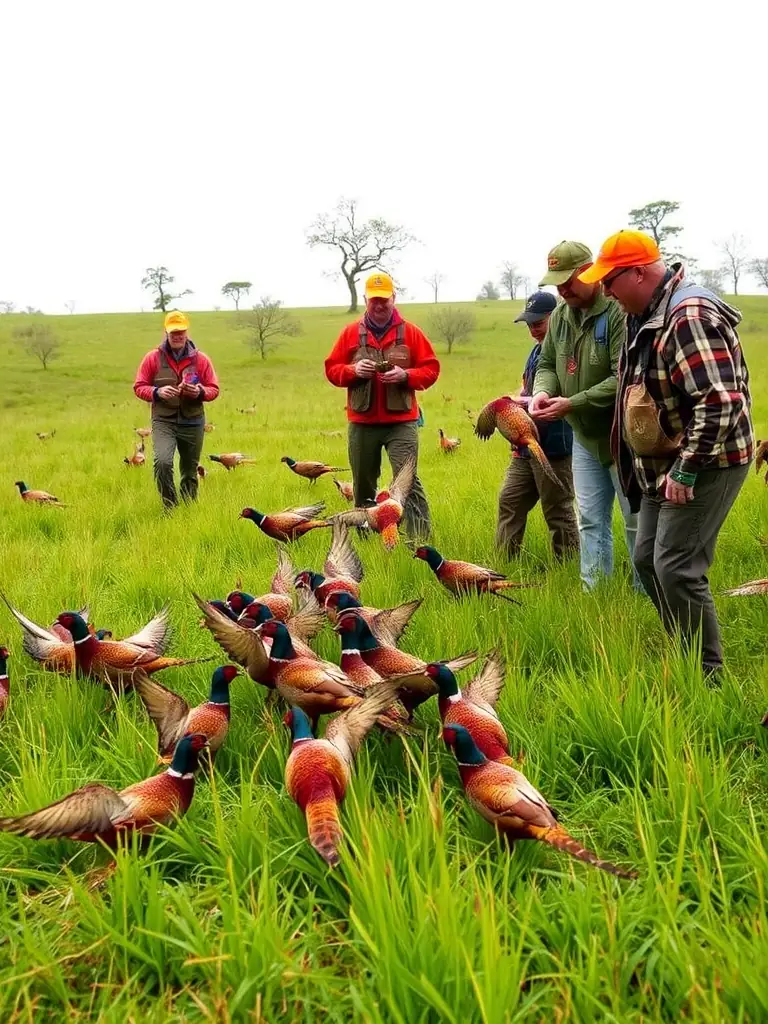 A high-quality photograph depicting SCB members releasing pheasants into a managed habitat, showcasing their commitment to game population enhancement.