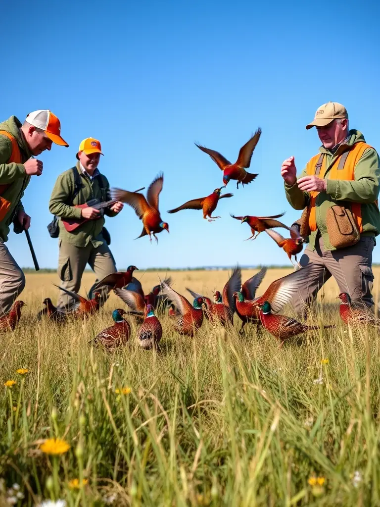 A photograph of a group of SCB members releasing pheasants into a managed habitat, showcasing game population development efforts.