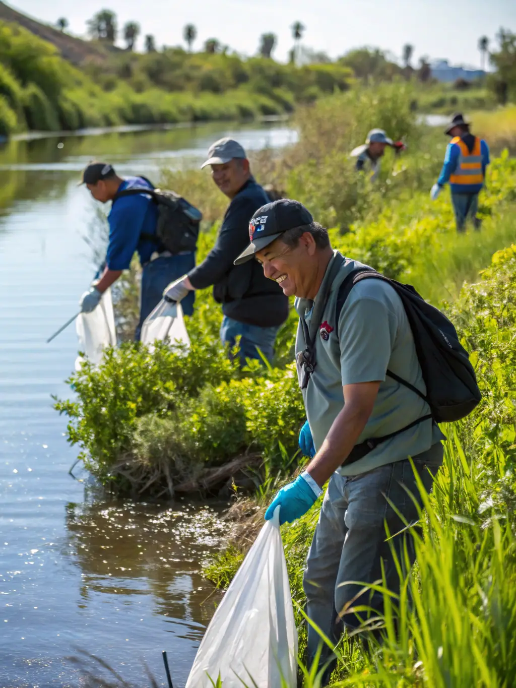 A photograph of SCB members cleaning and maintaining a natural water source for wildlife, emphasizing their habitat improvement initiatives.